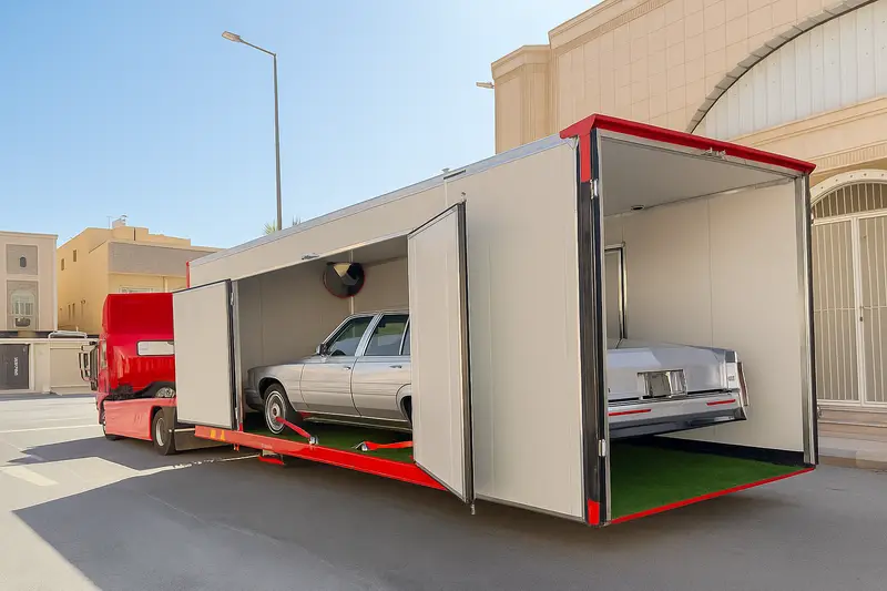 Classic car loaded into the enclosed trailer
